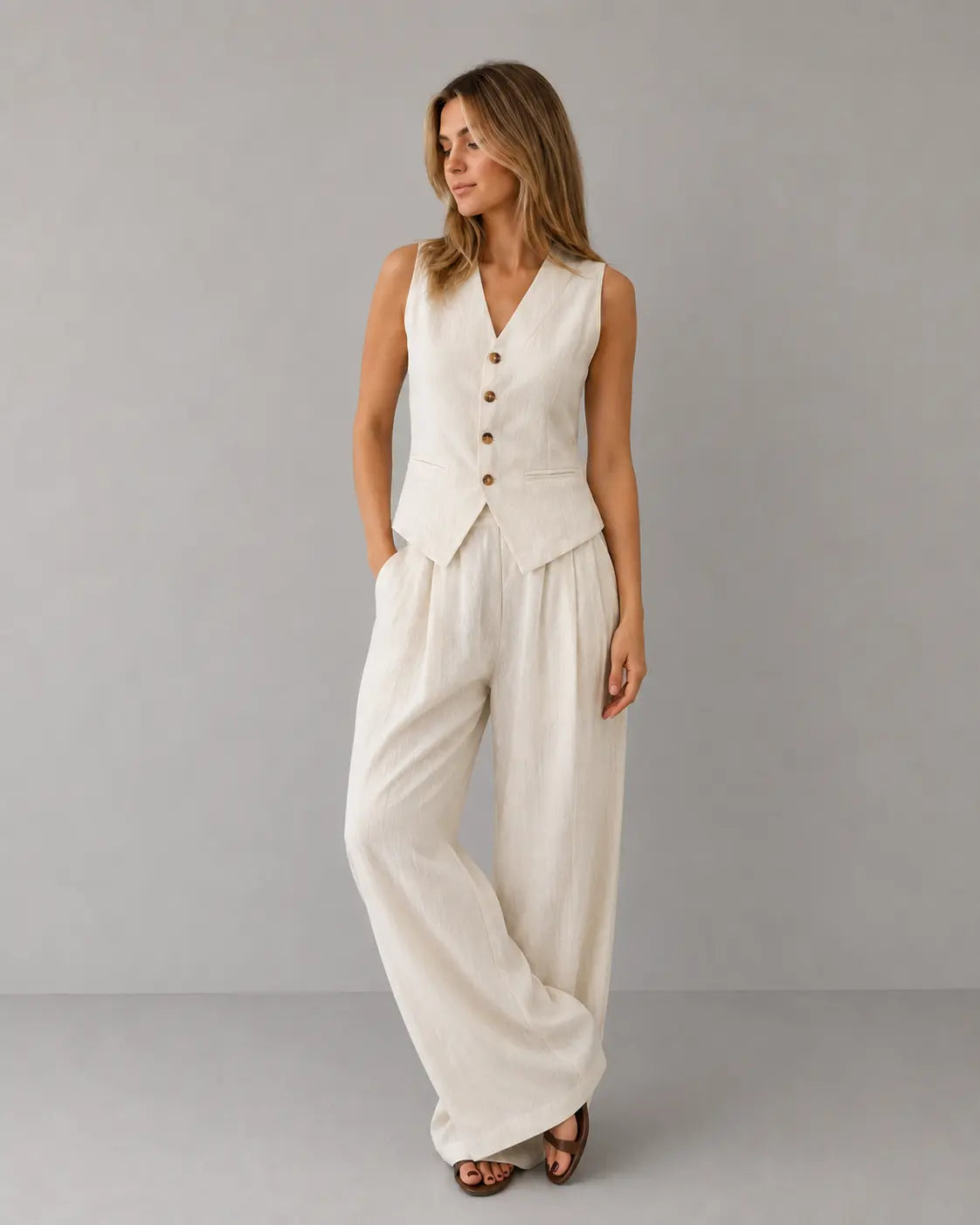 Women's Linen Mix Set with Waistcoat and Wide Leg Trousers