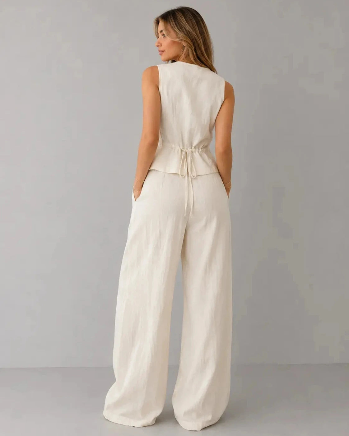 Women's Linen Mix Set with Waistcoat and Wide Leg Trousers