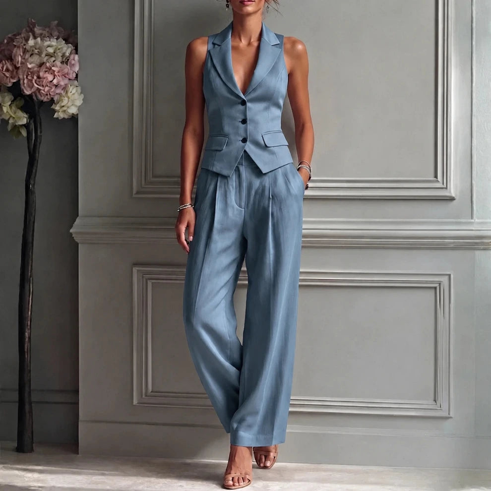 Women's Linen Set with Waistcoat and Wide Leg Trousers