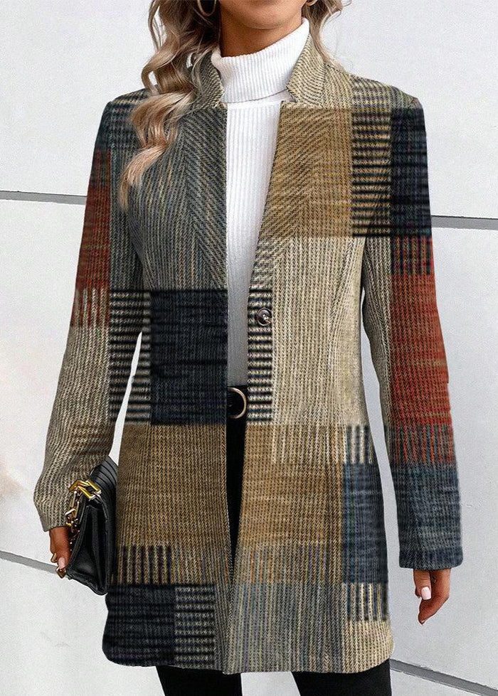 Womenâs Long Checkered Blazer with Button Front