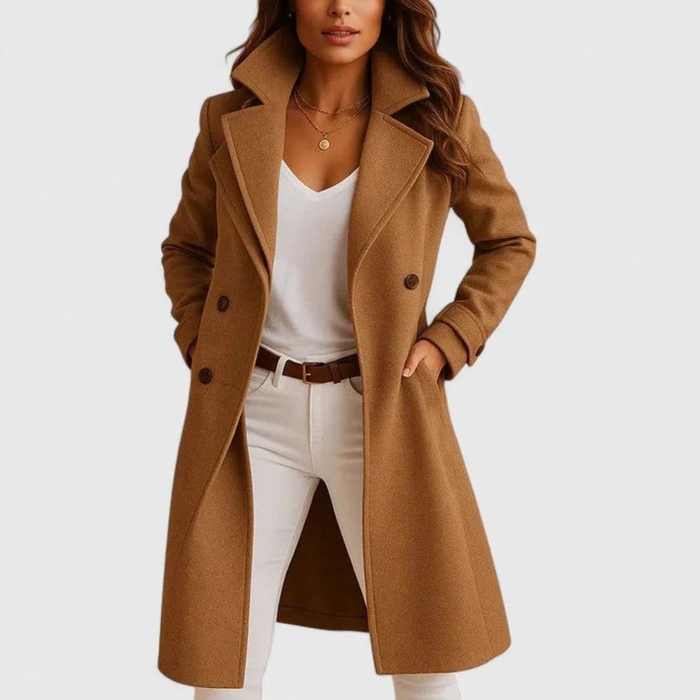 Women's Long Coat with Button Closure and Lapel Collar