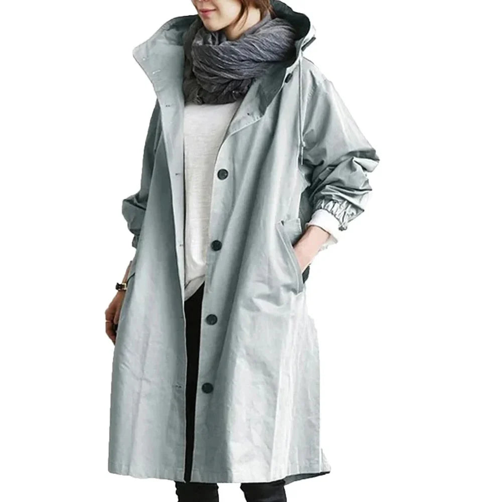 Women's Long Hooded Rain Coat with Button Closure