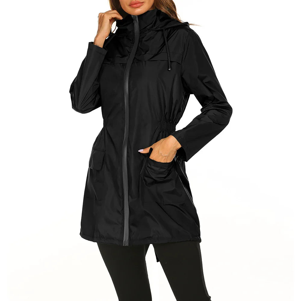 Women's Long Hooded Rain Jacket with Zip Closure and Flap Pockets