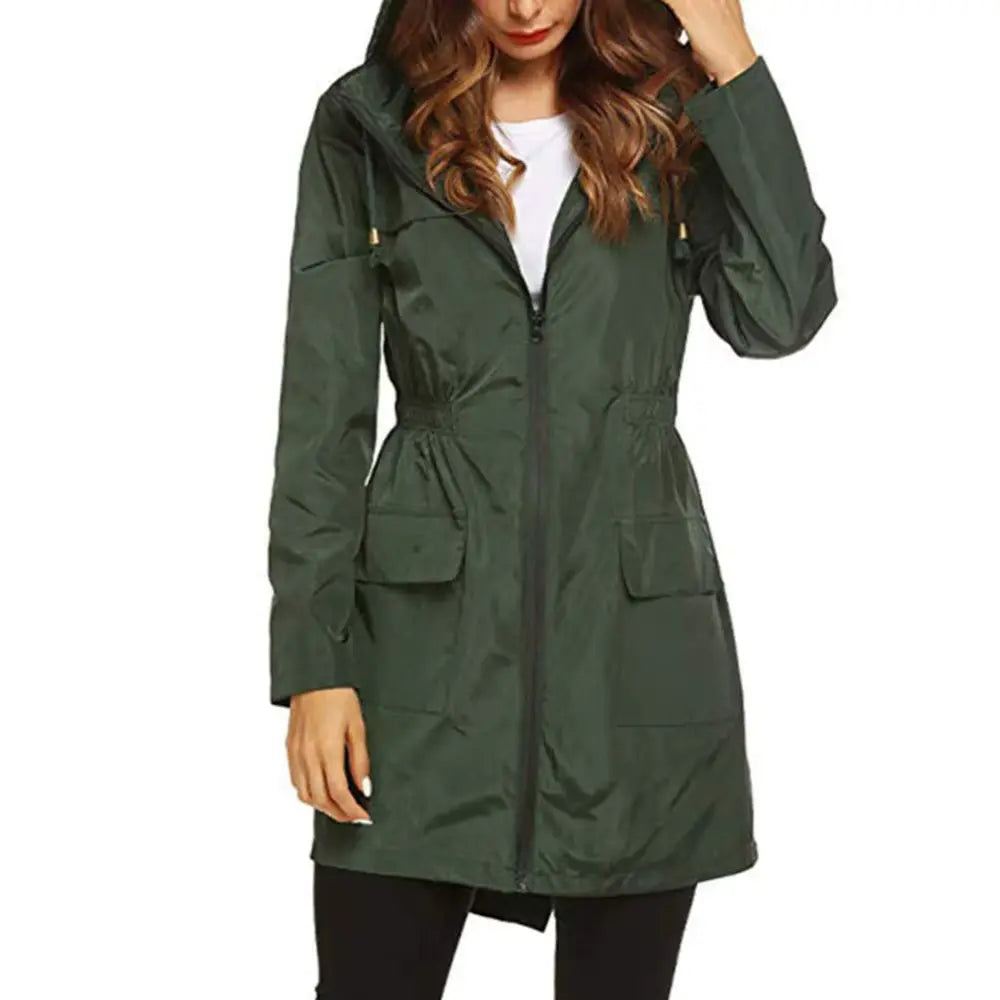 Women's Long Hooded Rain Jacket with Zip Closure and Flap Pockets