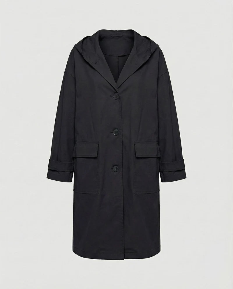 Women's Long Hooded Trench Coat with Button Closure and Flap Pockets