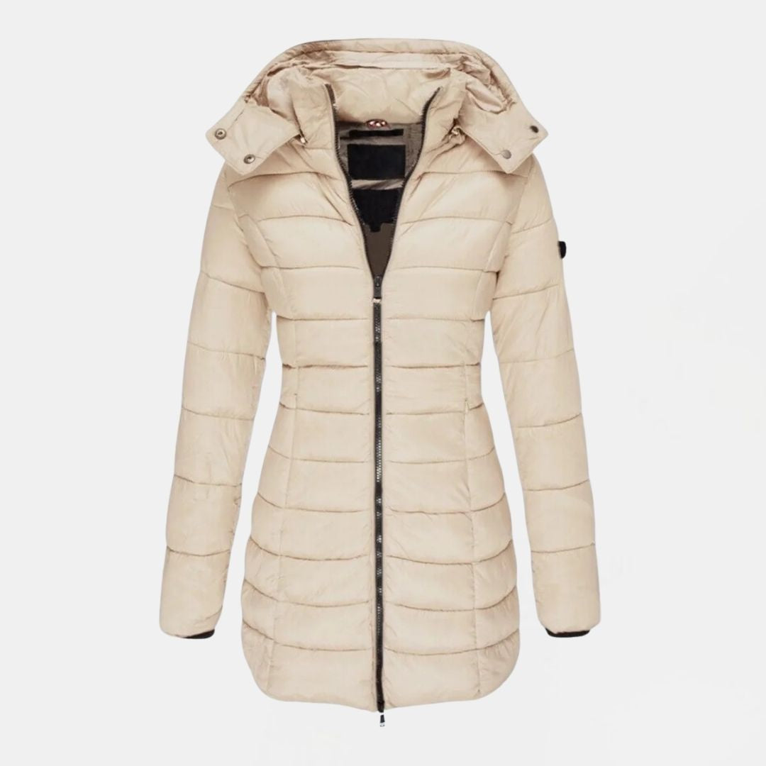 Women's Long Quilted Hooded Winter Jacket with Zip Closure