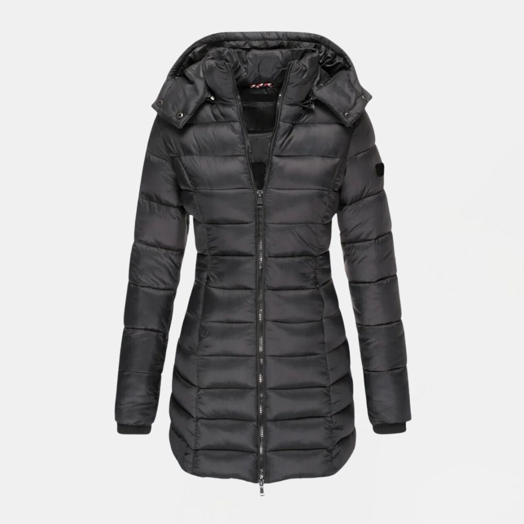 Women's Long Quilted Hooded Winter Jacket with Zip Closure