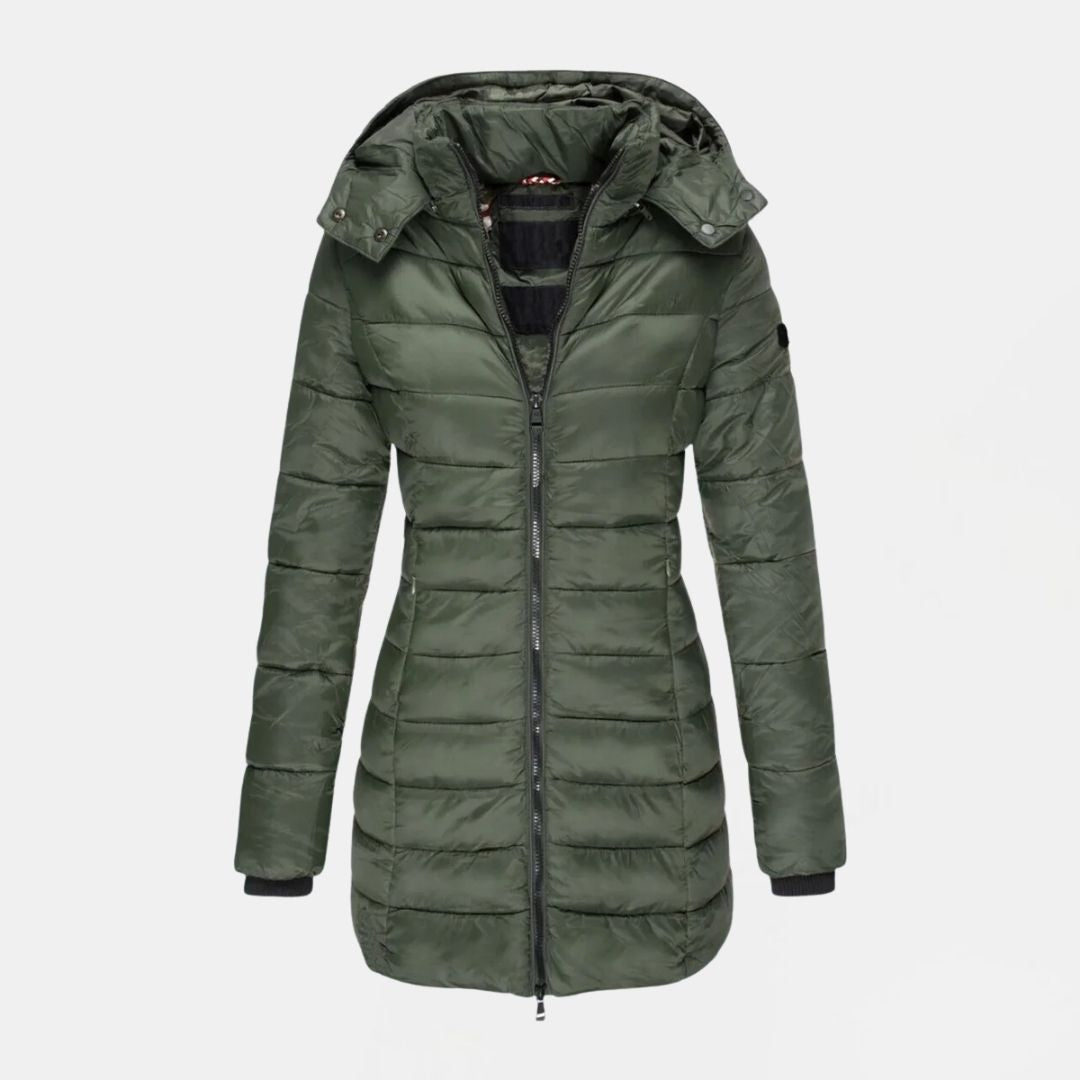 Women's Long Quilted Hooded Winter Jacket with Zip Closure