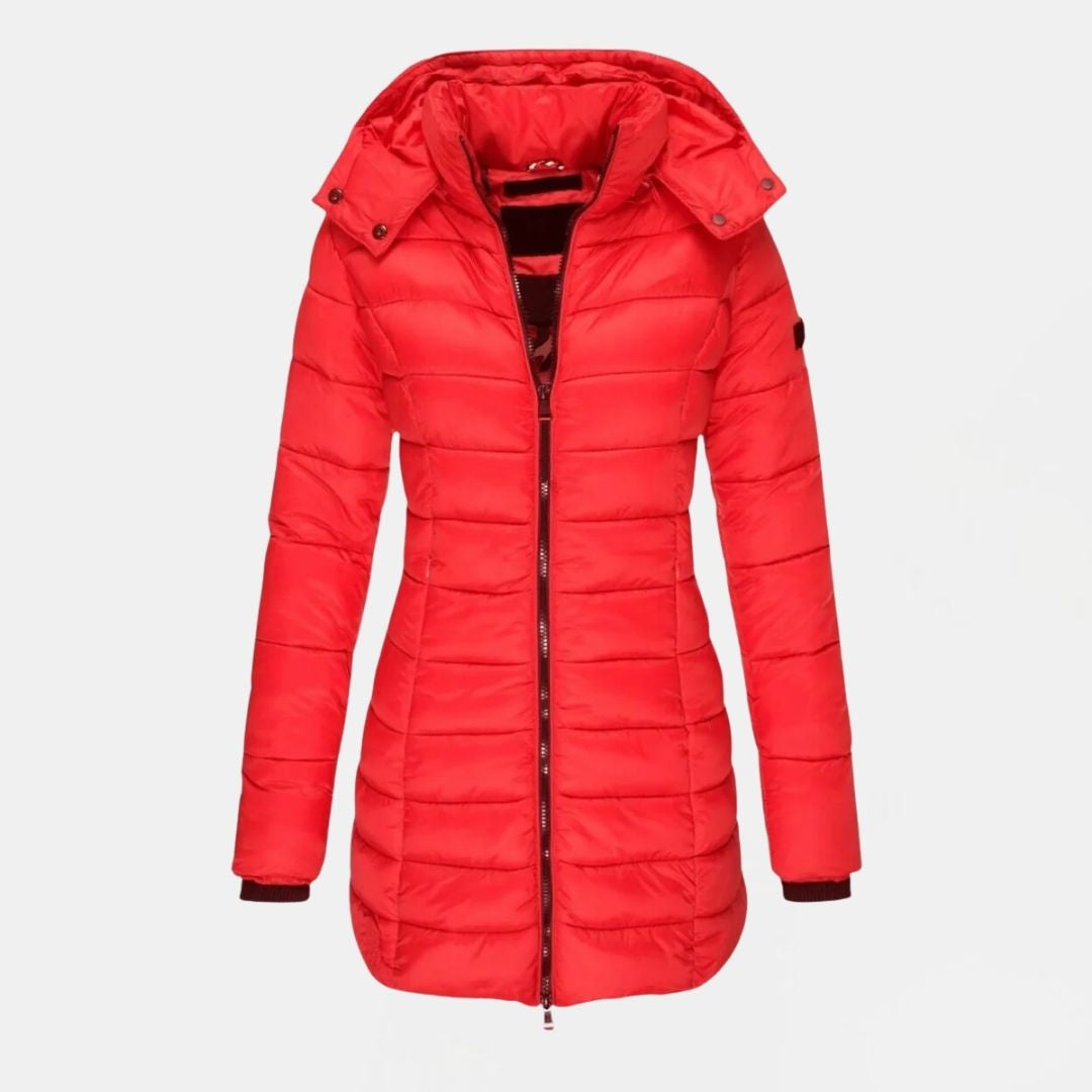 Women's Long Quilted Hooded Winter Jacket with Zip Closure