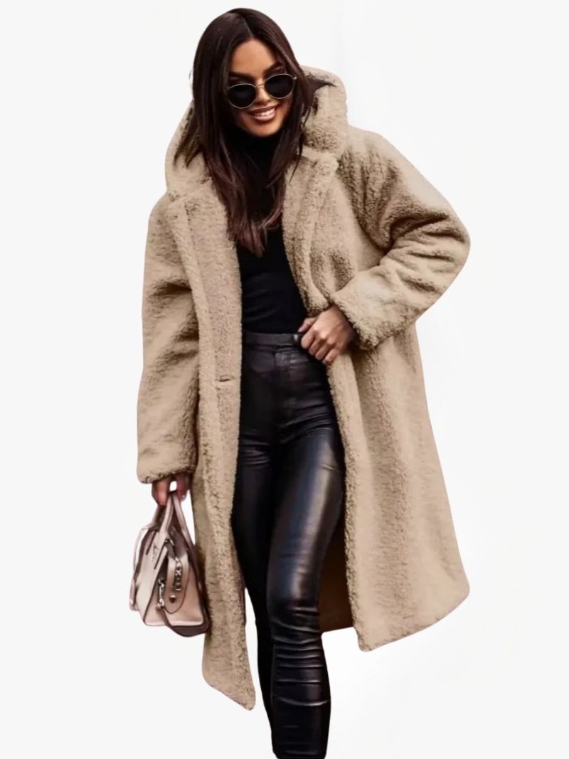 Women's Long Teddy Coat with Hood and Button Closure