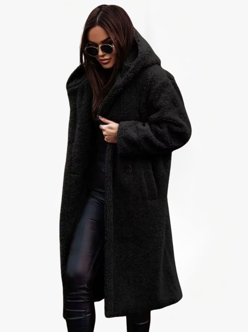 Women's Long Teddy Coat with Hood and Button Closure