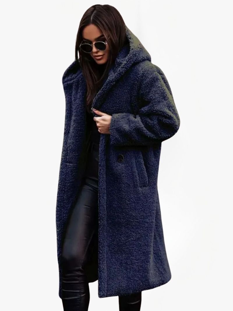 Women's Long Teddy Coat with Hood and Button Closure