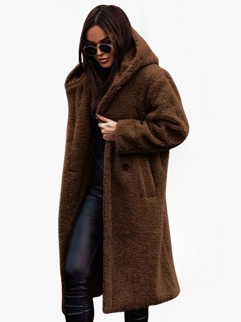 Women's Long Teddy Coat with Hood and Button Closure