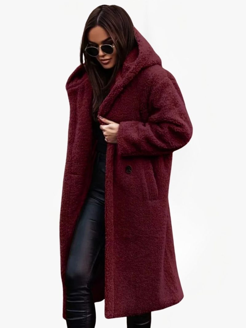Women's Long Teddy Coat with Hood and Button Closure