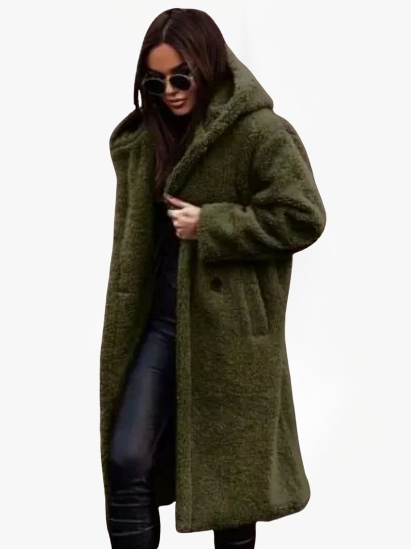Women's Long Teddy Coat with Hood and Button Closure