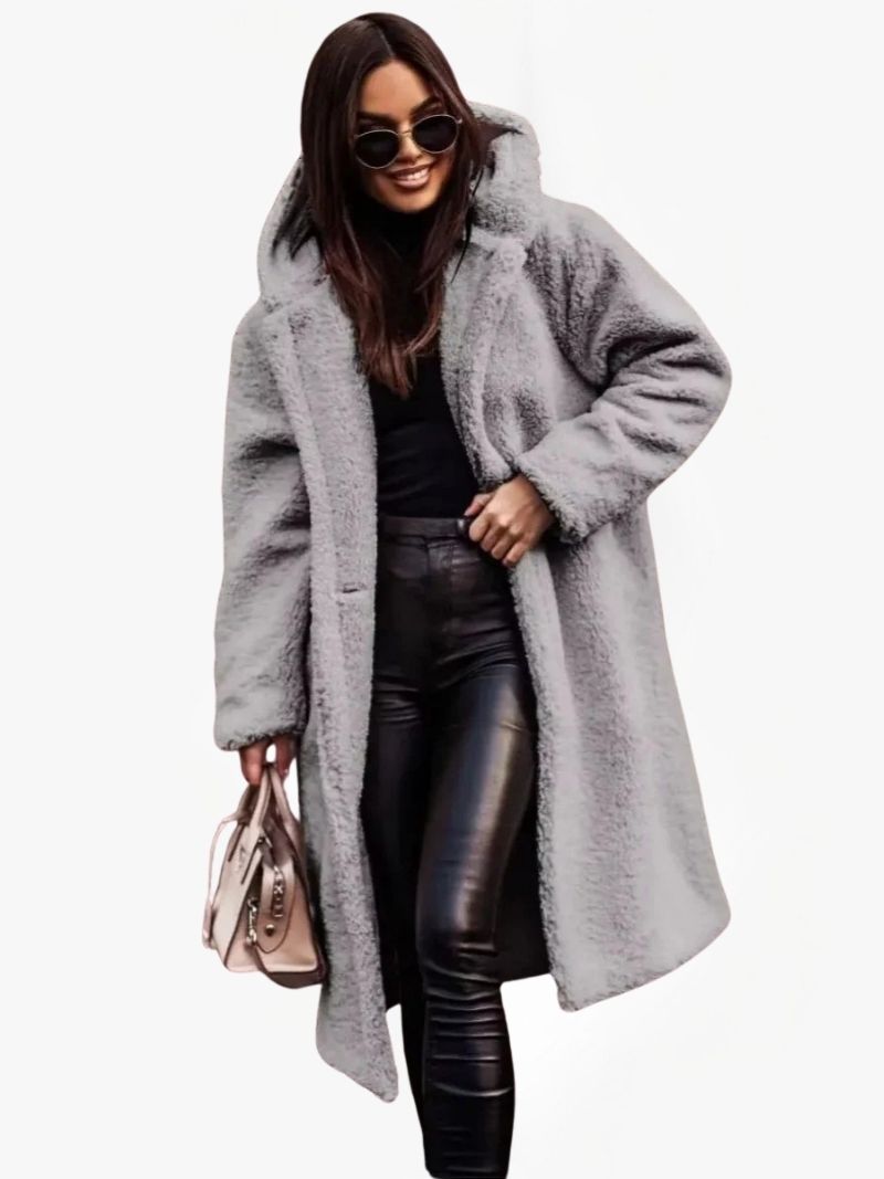Women's Long Teddy Coat with Hood and Button Closure