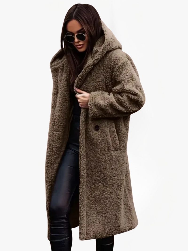 Women's Long Teddy Coat with Hood and Button Closure