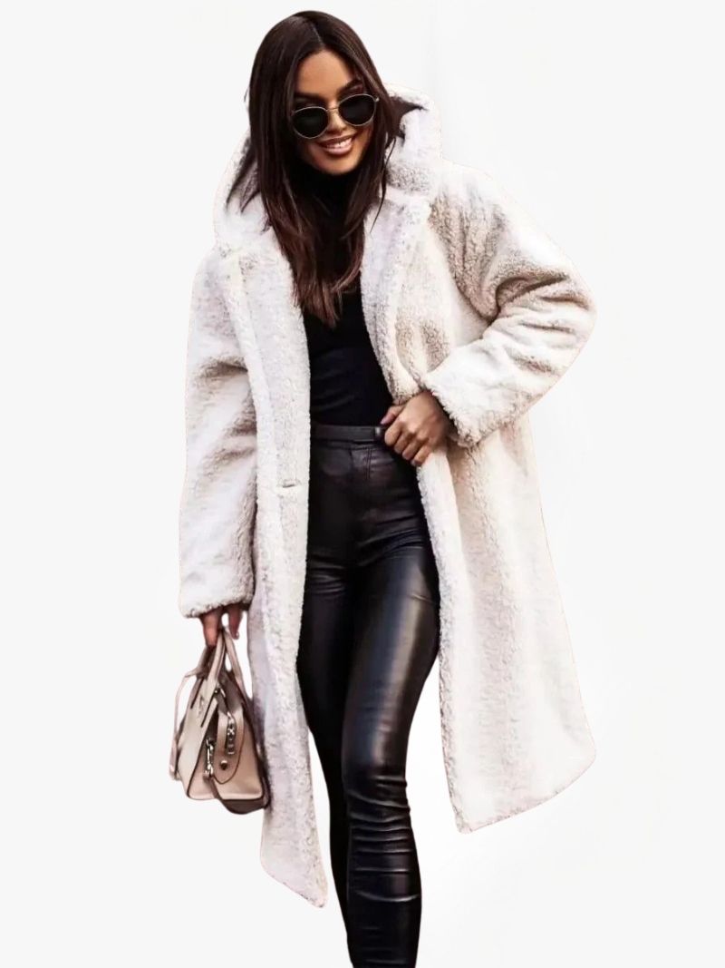 Women's Long Teddy Coat with Hood and Button Closure