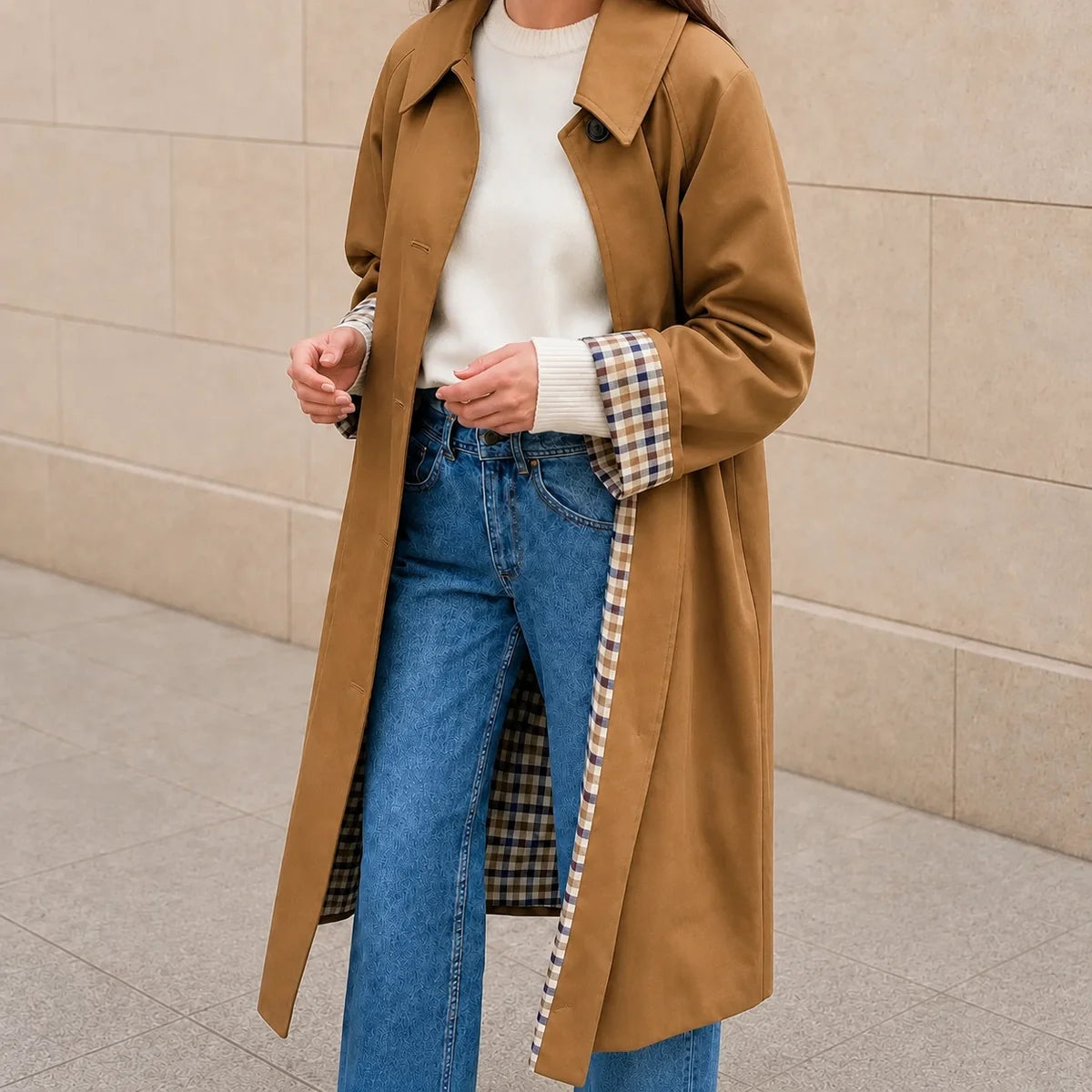 Women's Long Trench Coat with Check Lining and Lapel Collar