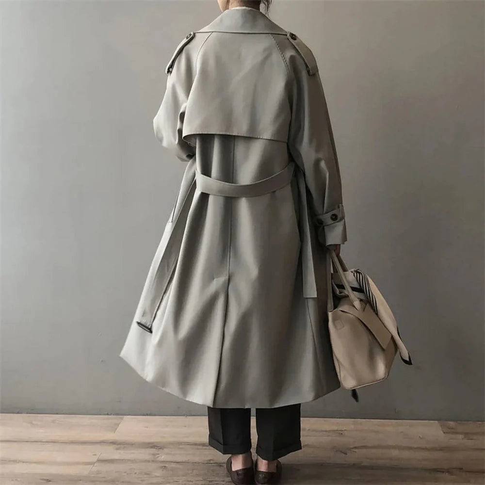 Women's Long Trench Coat with Lapel Collar and Shoulder Epaulettes