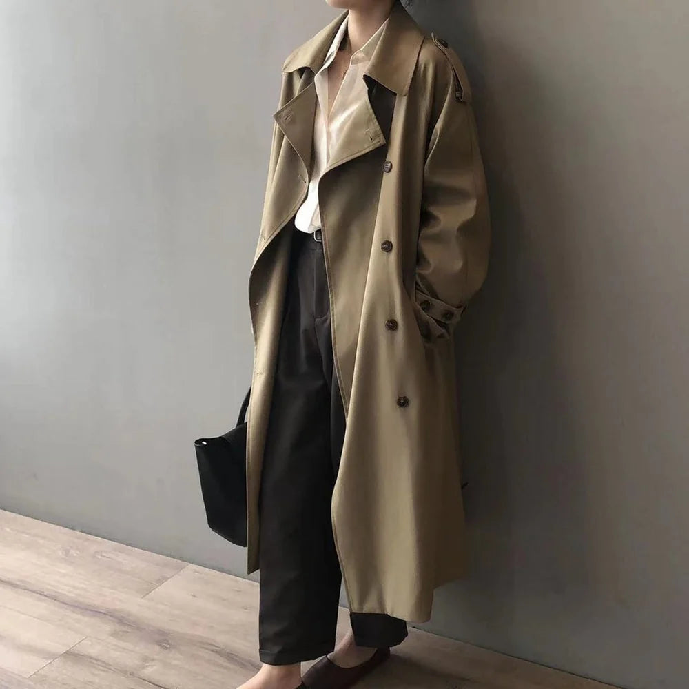 Women's Long Trench Coat with Lapel Collar and Shoulder Epaulettes