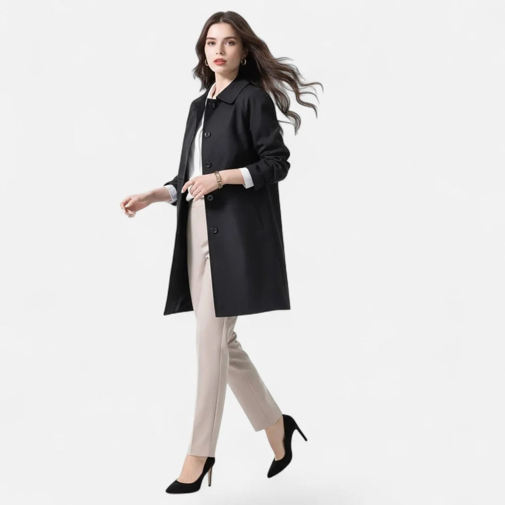 Women's Midi Coat with Lapel Collar and Button Closure