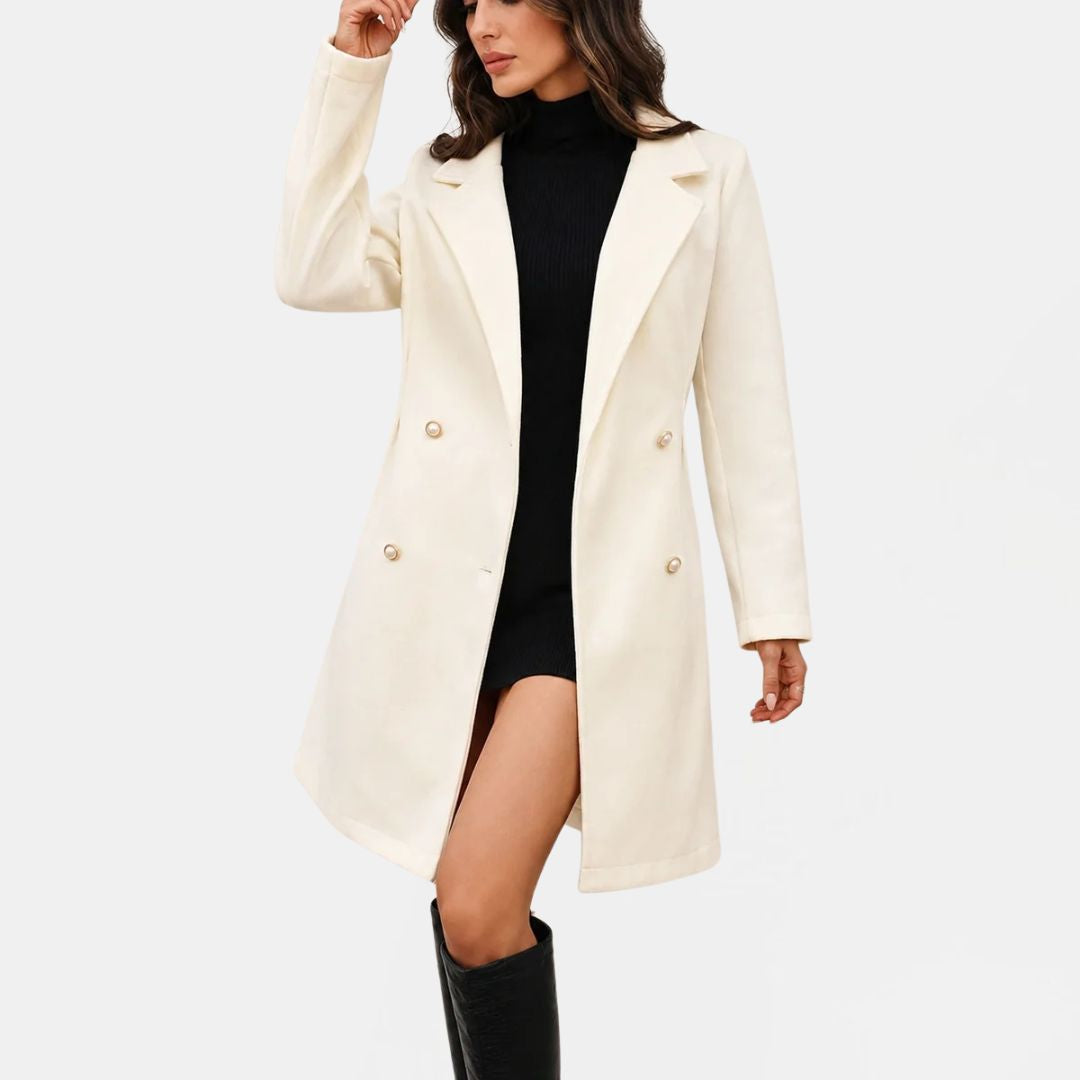 Women's Midi Coat with Lapel Collar and Flared Hem