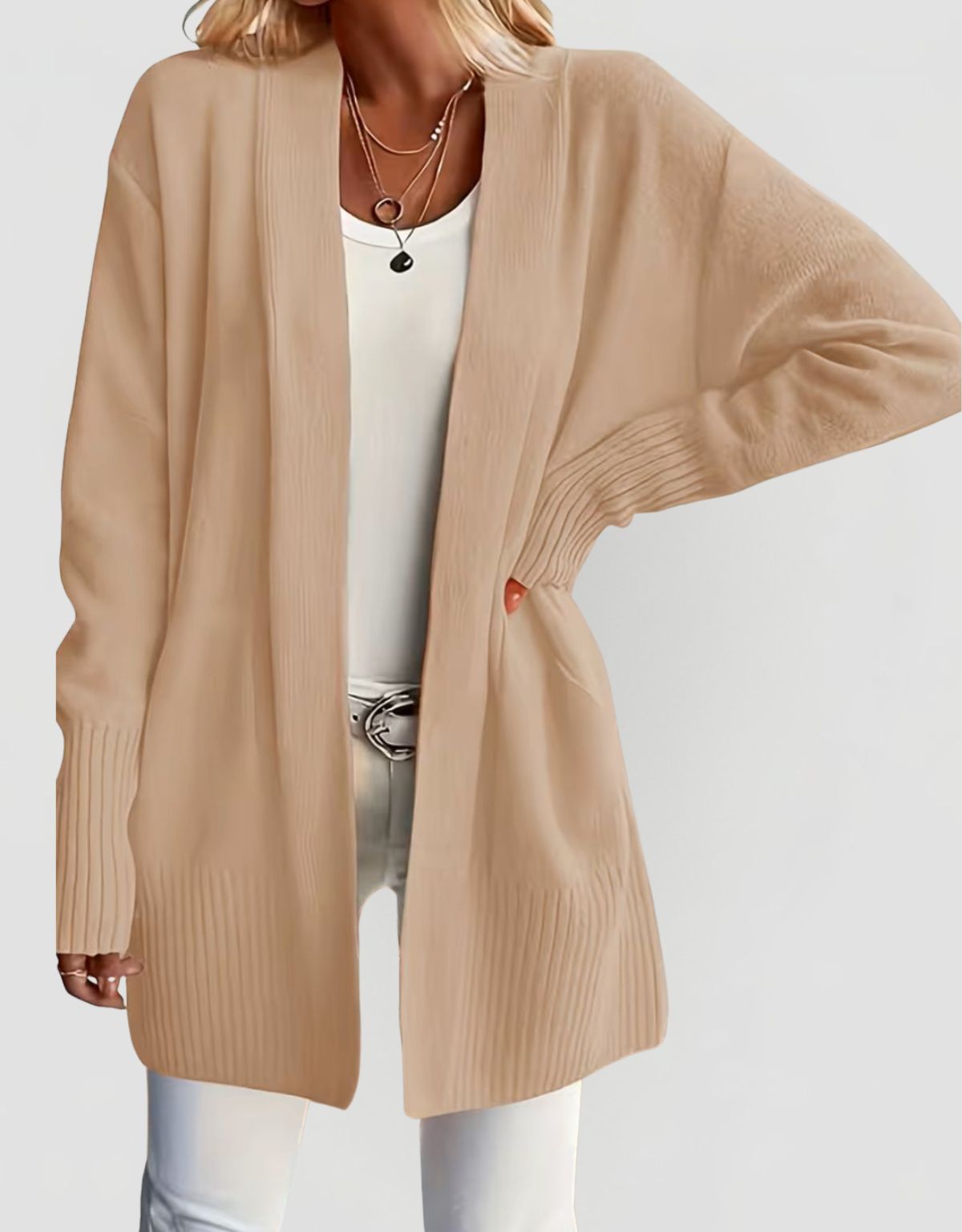 Women's Open Front Knit Cardigan with Ribbed Cuffs and Relaxed fit