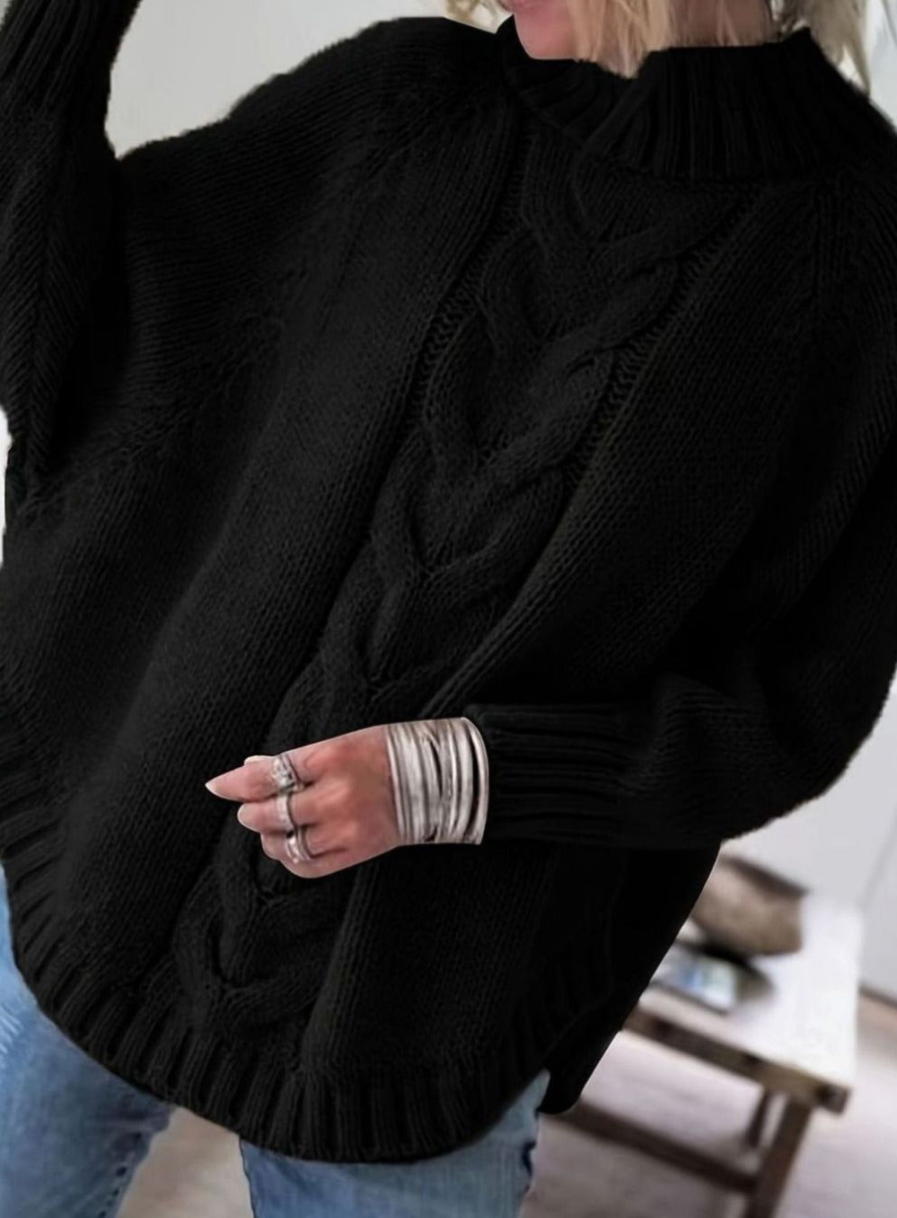 Women's Oversized Cable Knit Jumper with High Neckline