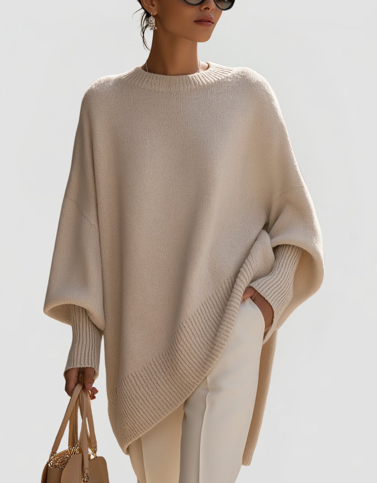 Women's Oversized Knit Jumper with Round Neck and Asymmetric Hem