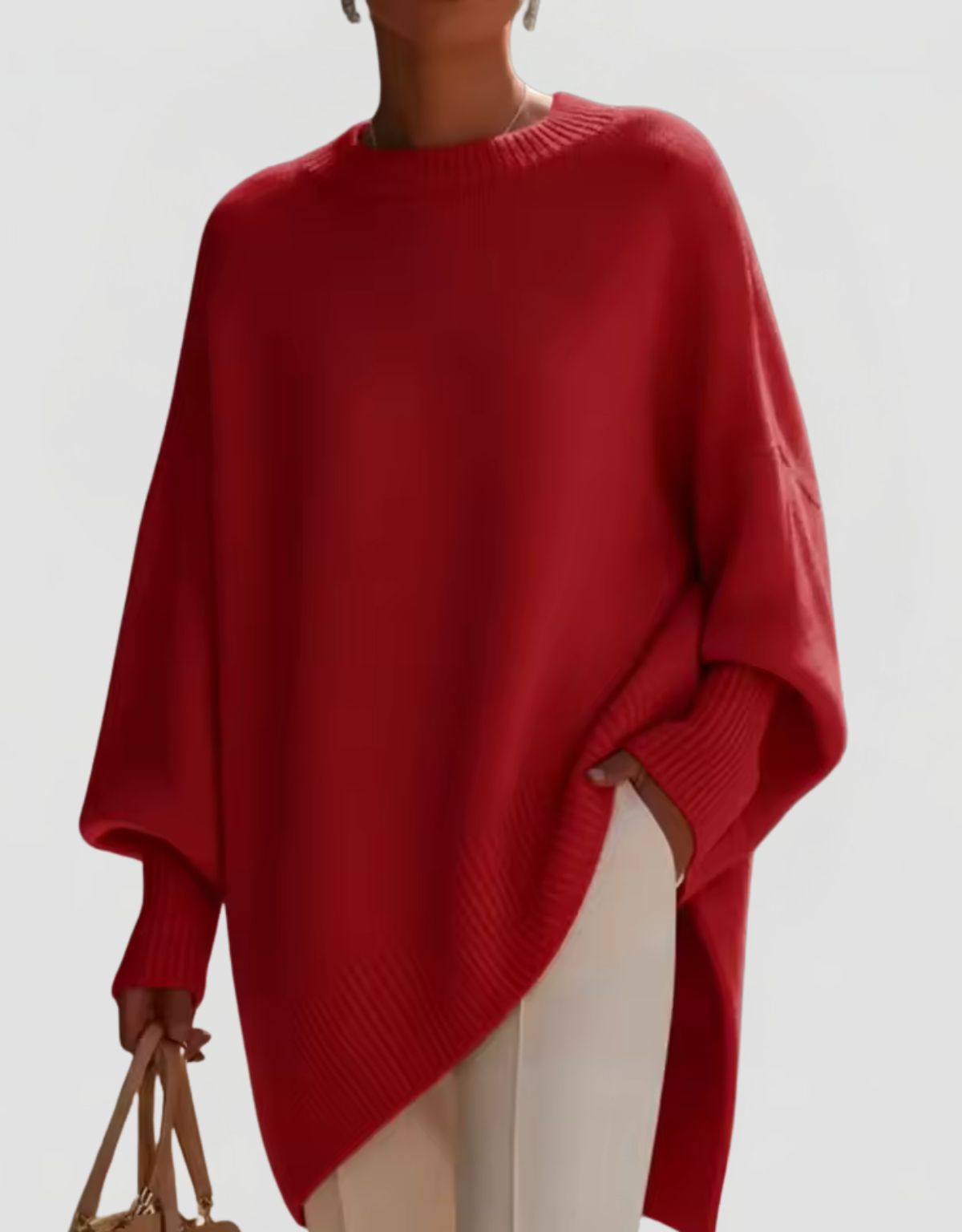 Women's Oversized Knit Jumper with Round Neck and Asymmetric Hem