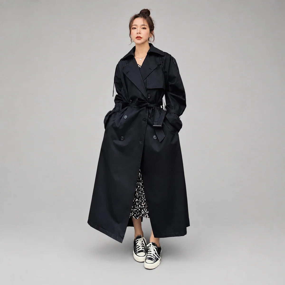 Women's Oversized Long Trench Coat with Belt and Lapel Collar