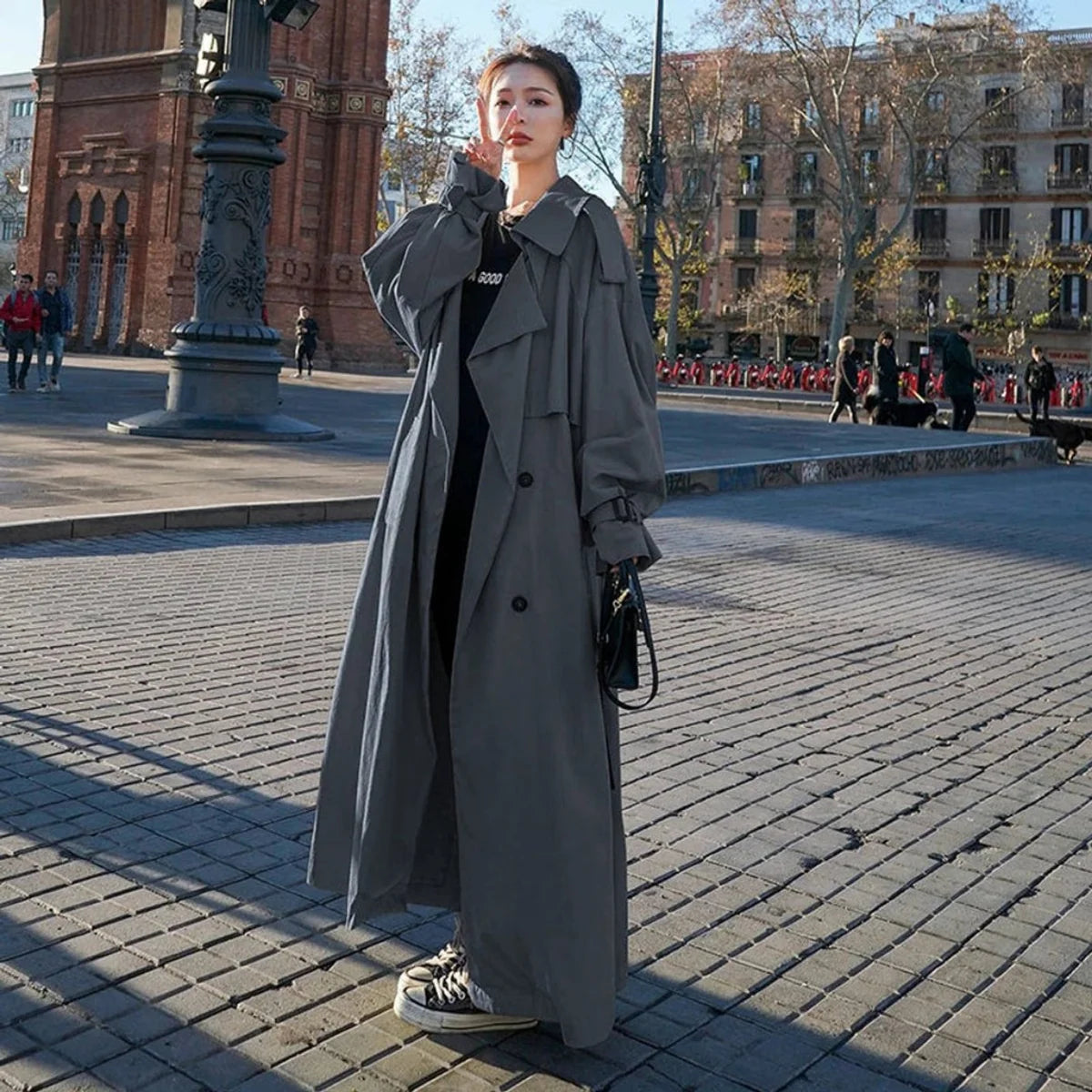 Women's Oversized Long Trench Coat with Belt and Lapel Collar