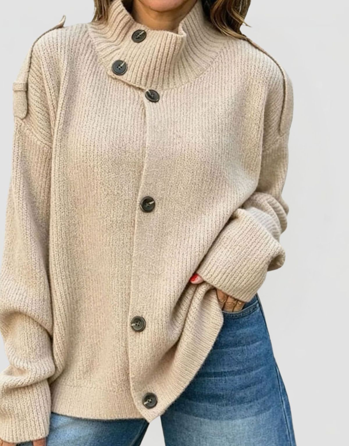 Women's Oversized Ribbed Knit Cardigan with Stand Collar and Button Closure