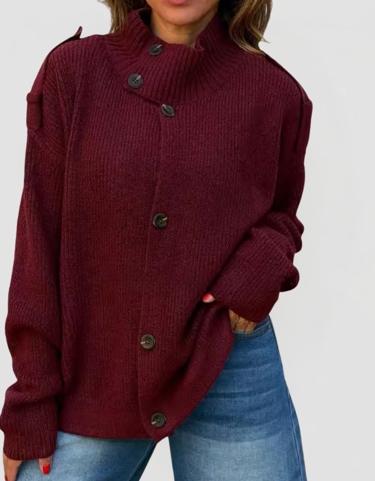 Women's Oversized Ribbed Knit Cardigan with Stand Collar and Button Closure