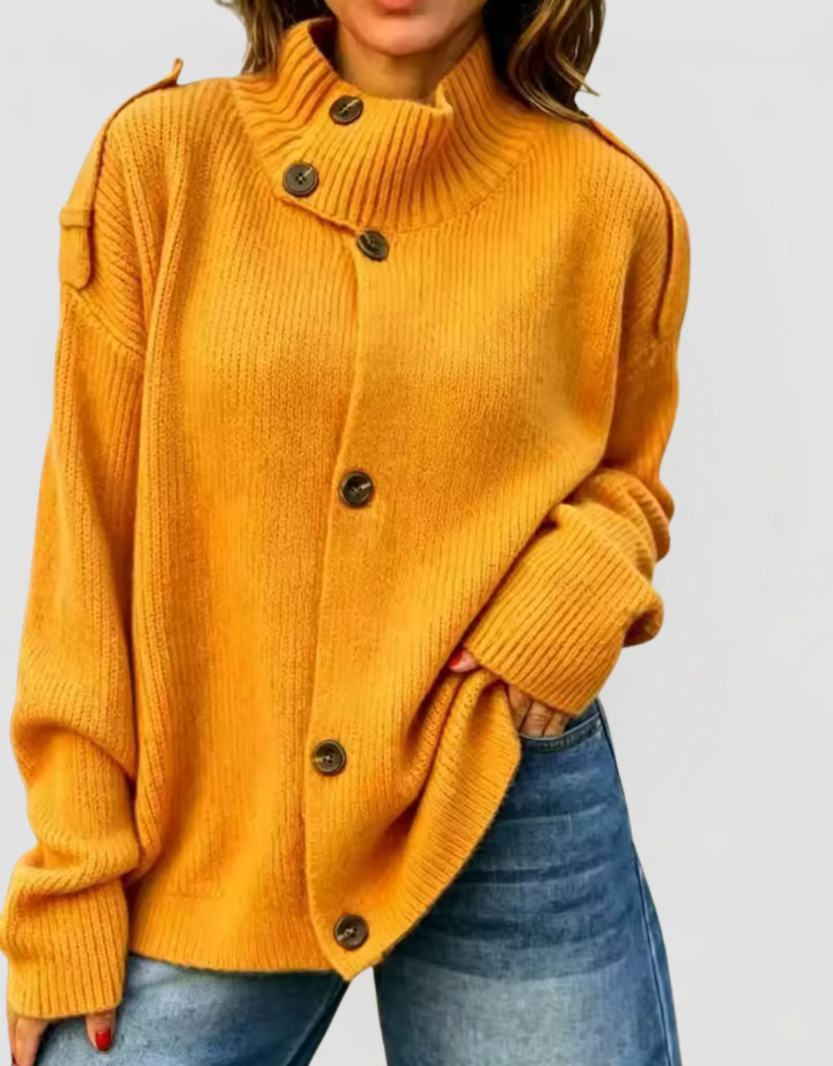 Women's Oversized Ribbed Knit Cardigan with Stand Collar and Button Closure