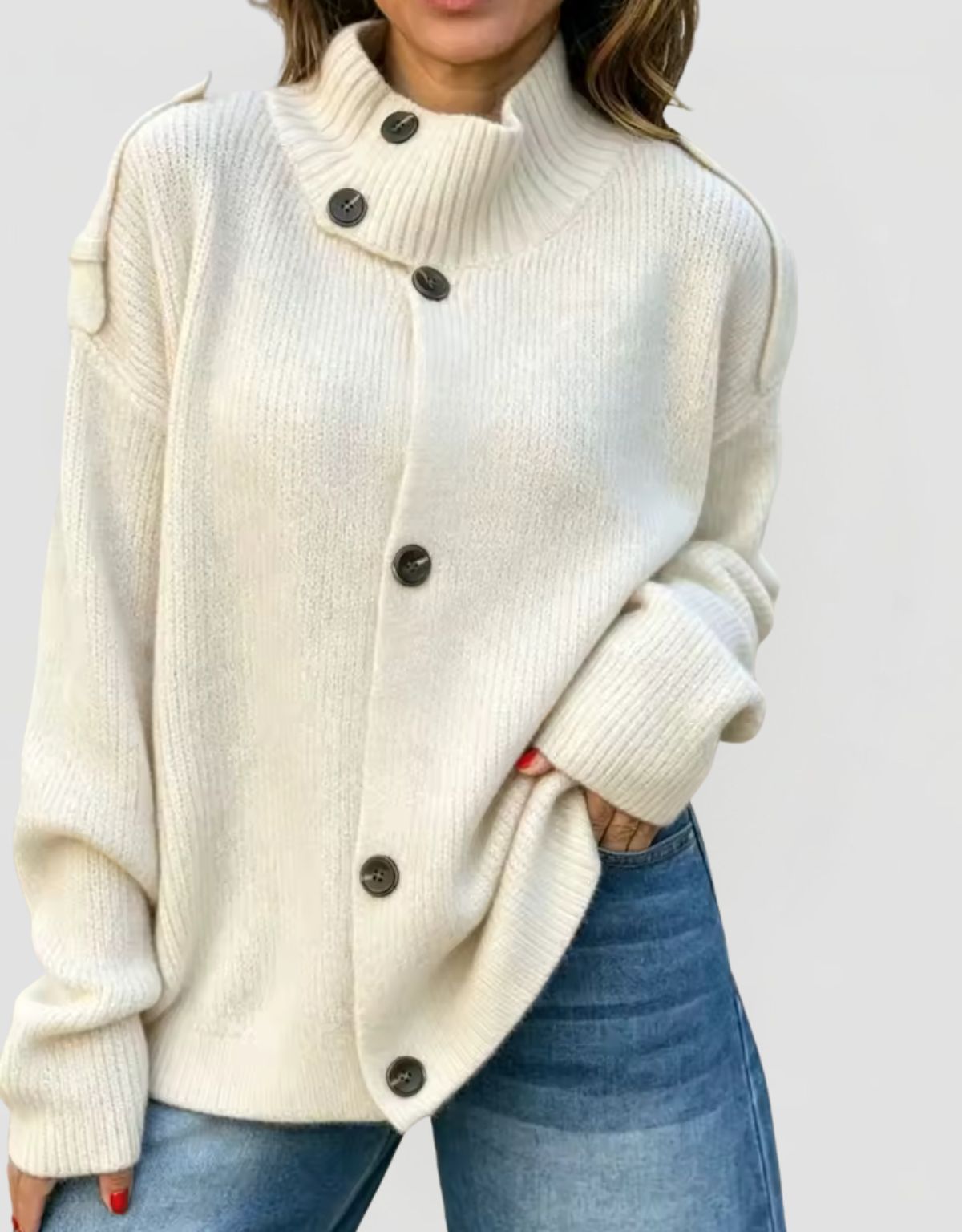Women's Oversized Ribbed Knit Cardigan with Stand Collar and Button Closure