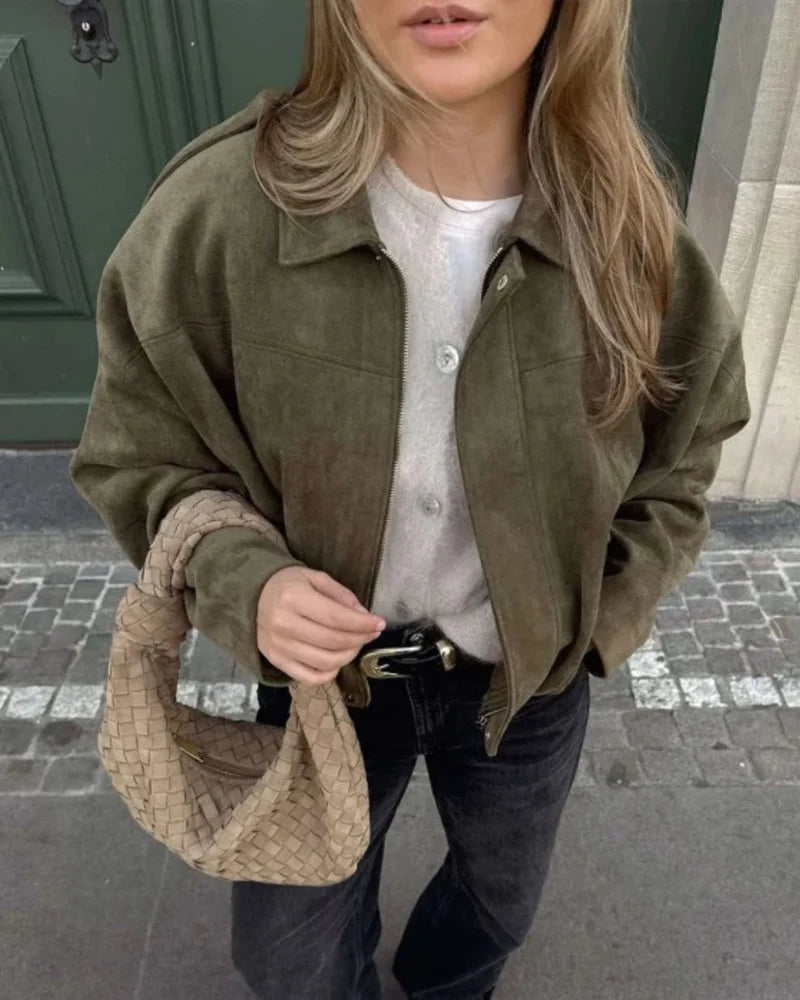 Women's Oversized Suede Look Jacket with Shoulder Epaulettes