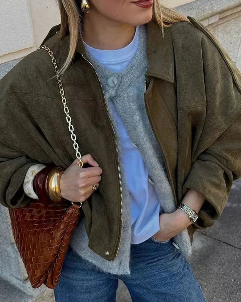 Women's Oversized Suede Look Jacket with Shoulder Epaulettes
