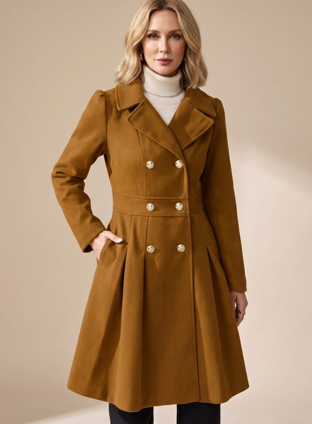 Women's Pleated A-Line Longline Coat with Notched Lapel and Button Closure