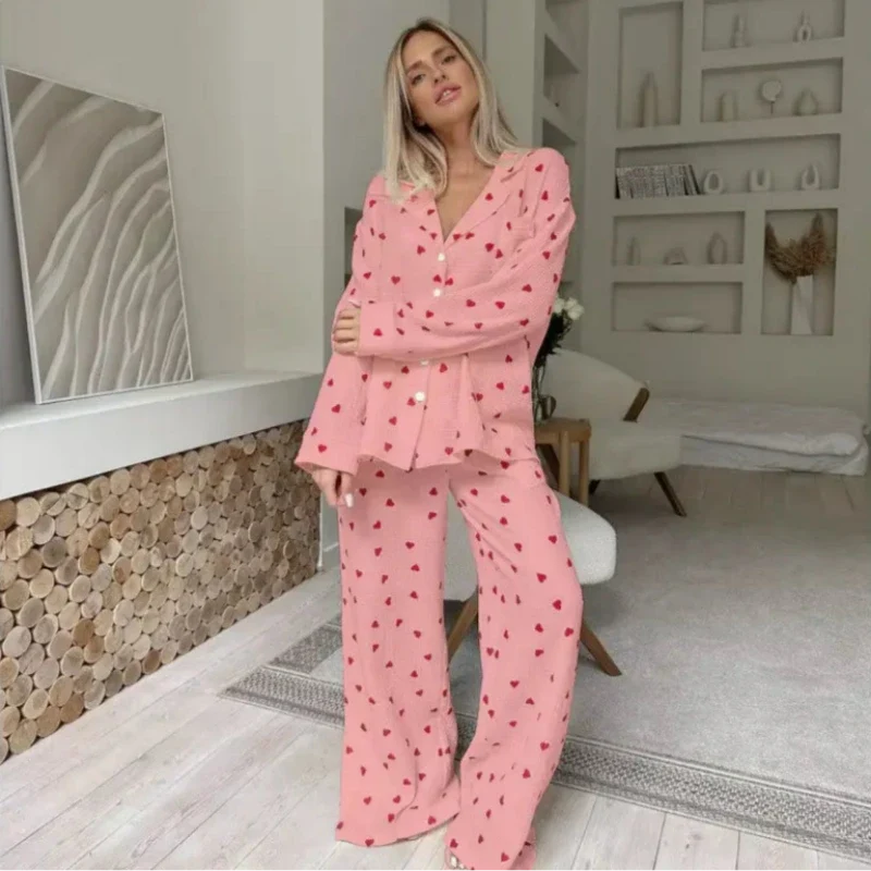 Women's Pyjama Set with Heart Print and Button Closure