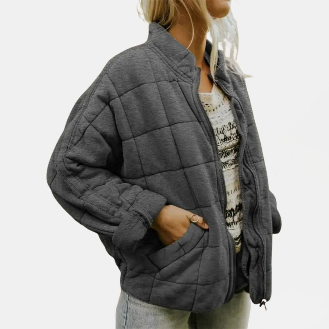 Women's Quilted Oversized Bomber Jacket with Zip Closure