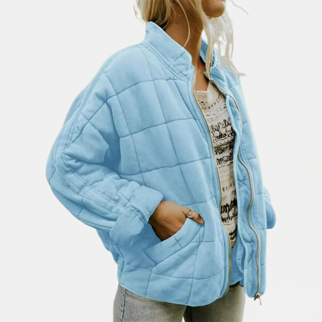 Women's Quilted Oversized Bomber Jacket with Zip Closure