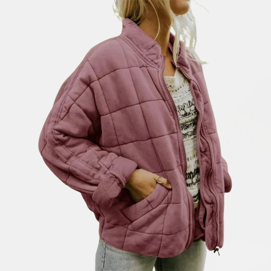 Women's Quilted Oversized Bomber Jacket with Zip Closure