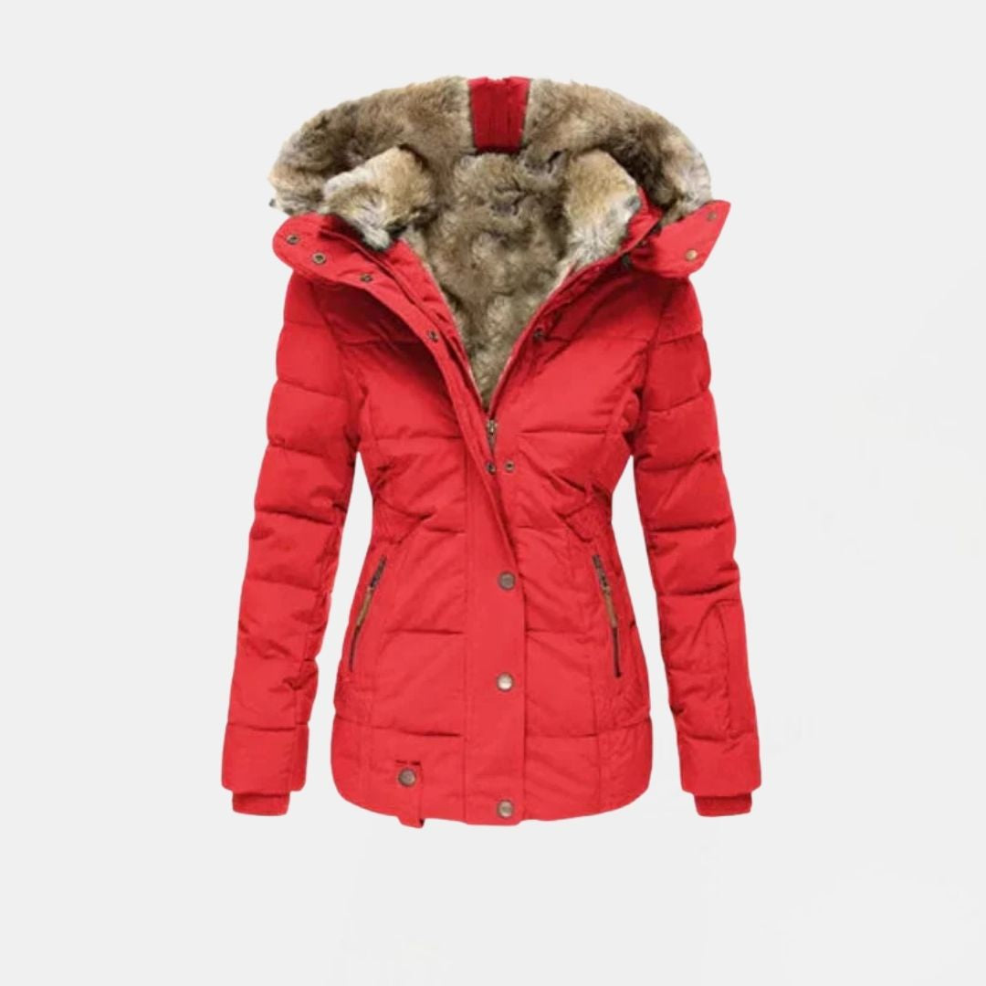 Women's Quilted Winter Jacket with Faux Fur Lining and Hood