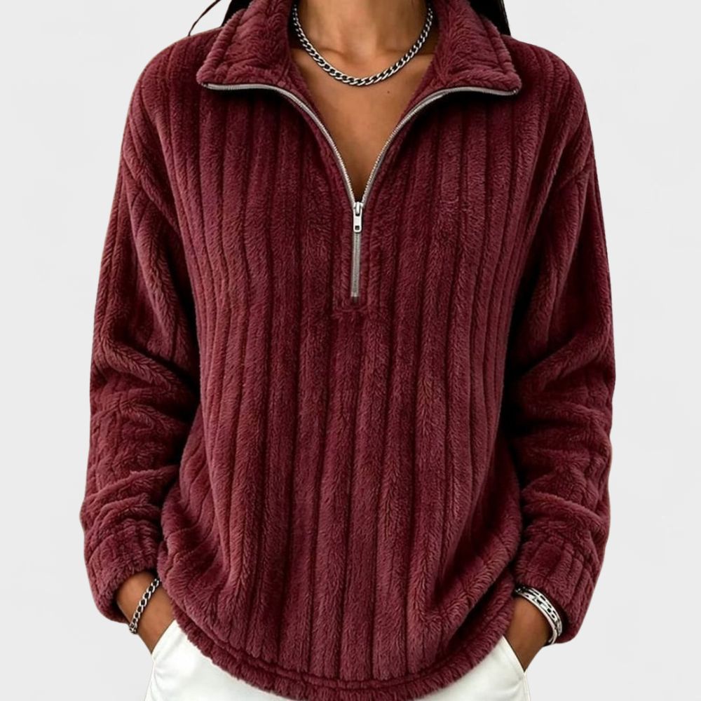 Women’s Ribbed Fleece Quarter-Zip Pullover with Collar