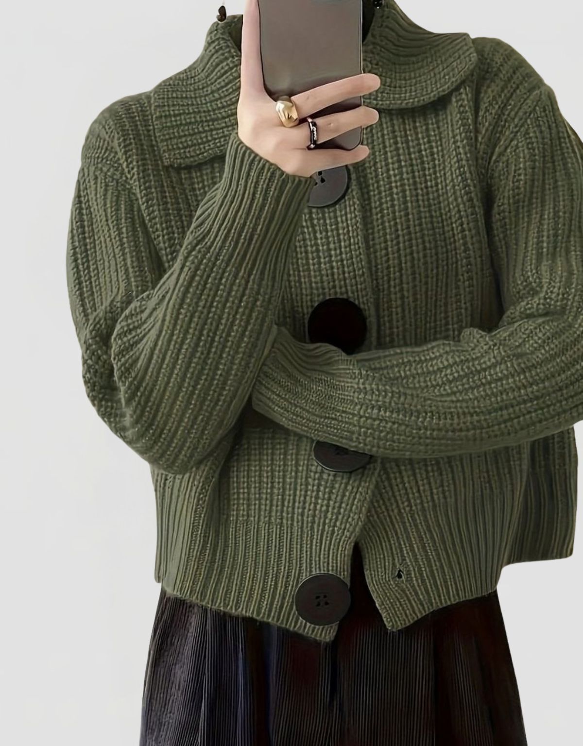 Women's Ribbed Knit Cardigan with Lapel Collar and Button Closure