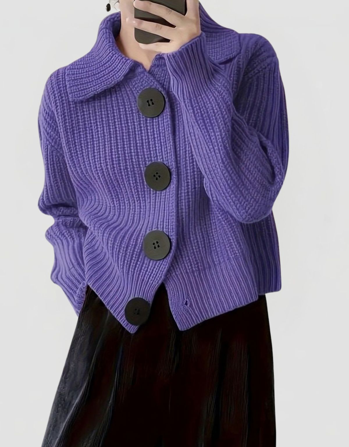 Women's Ribbed Knit Cardigan with Lapel Collar and Button Closure