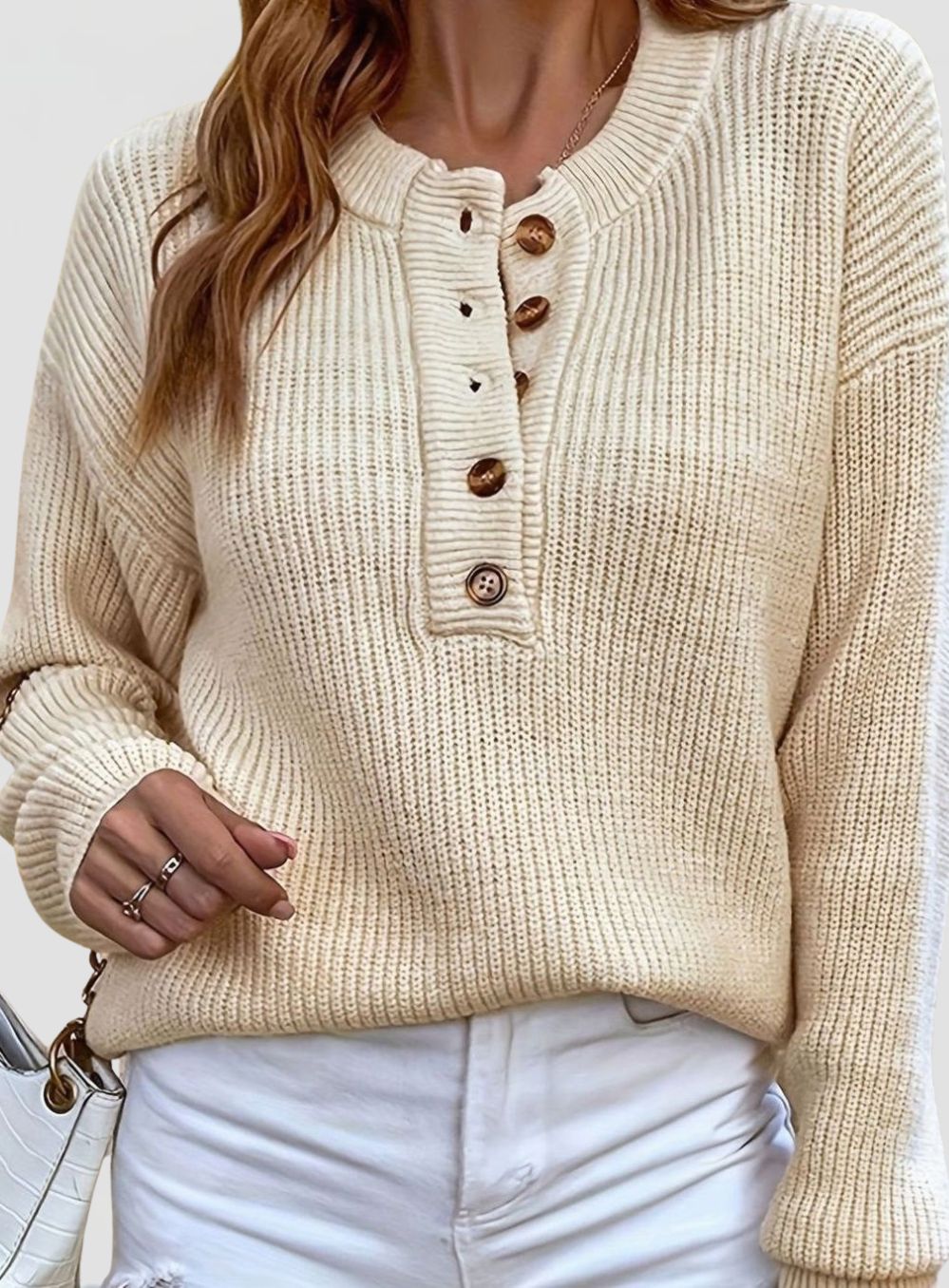 Women's Ribbed Knit Jumper with Henley Button Neckline