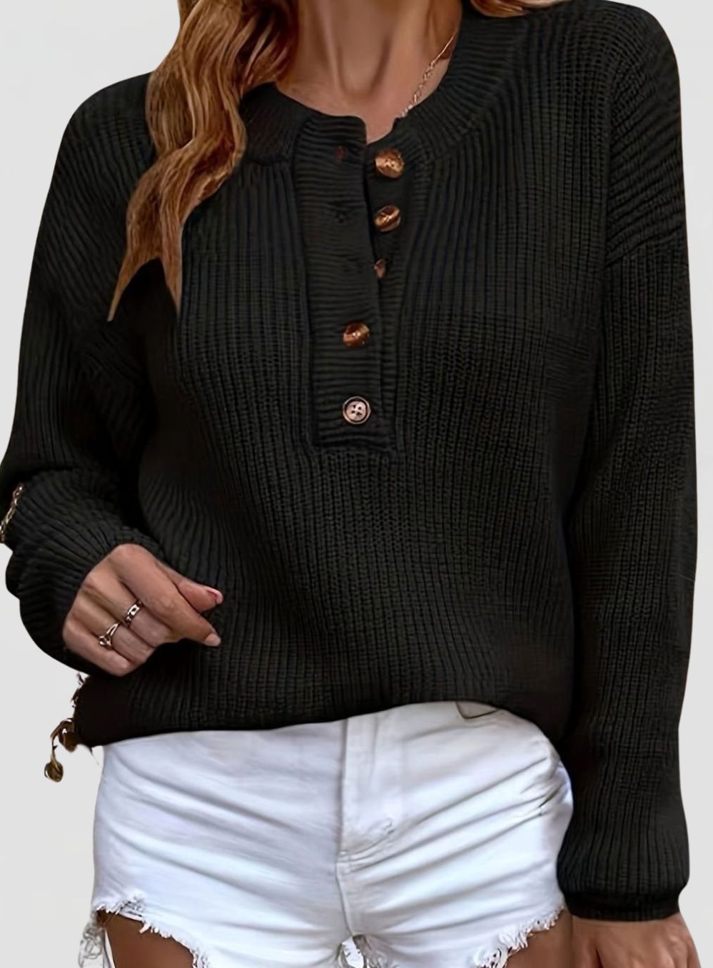 Women's Ribbed Knit Jumper with Henley Button Neckline